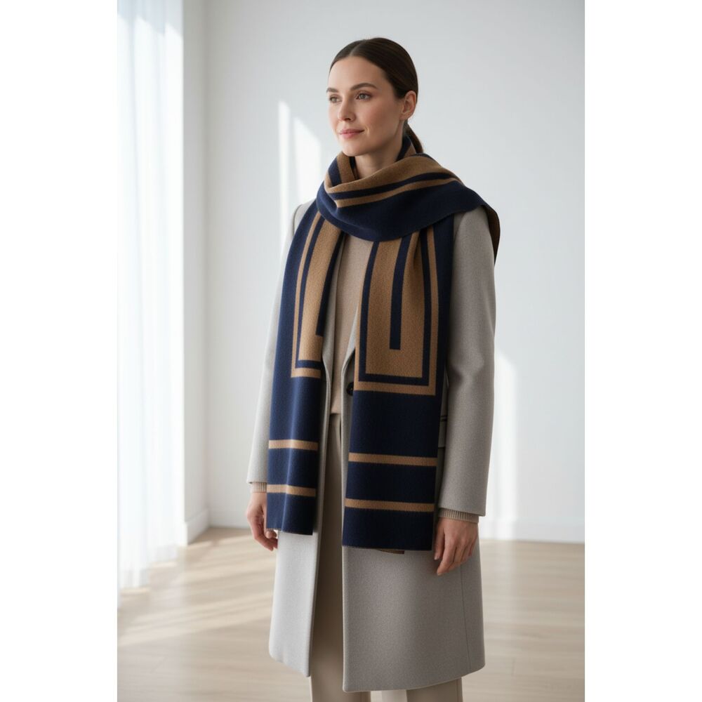 Vince Reversible Wool Scarf / Wrap – Navy & Camel Geometric Design - Picture 2 of 6